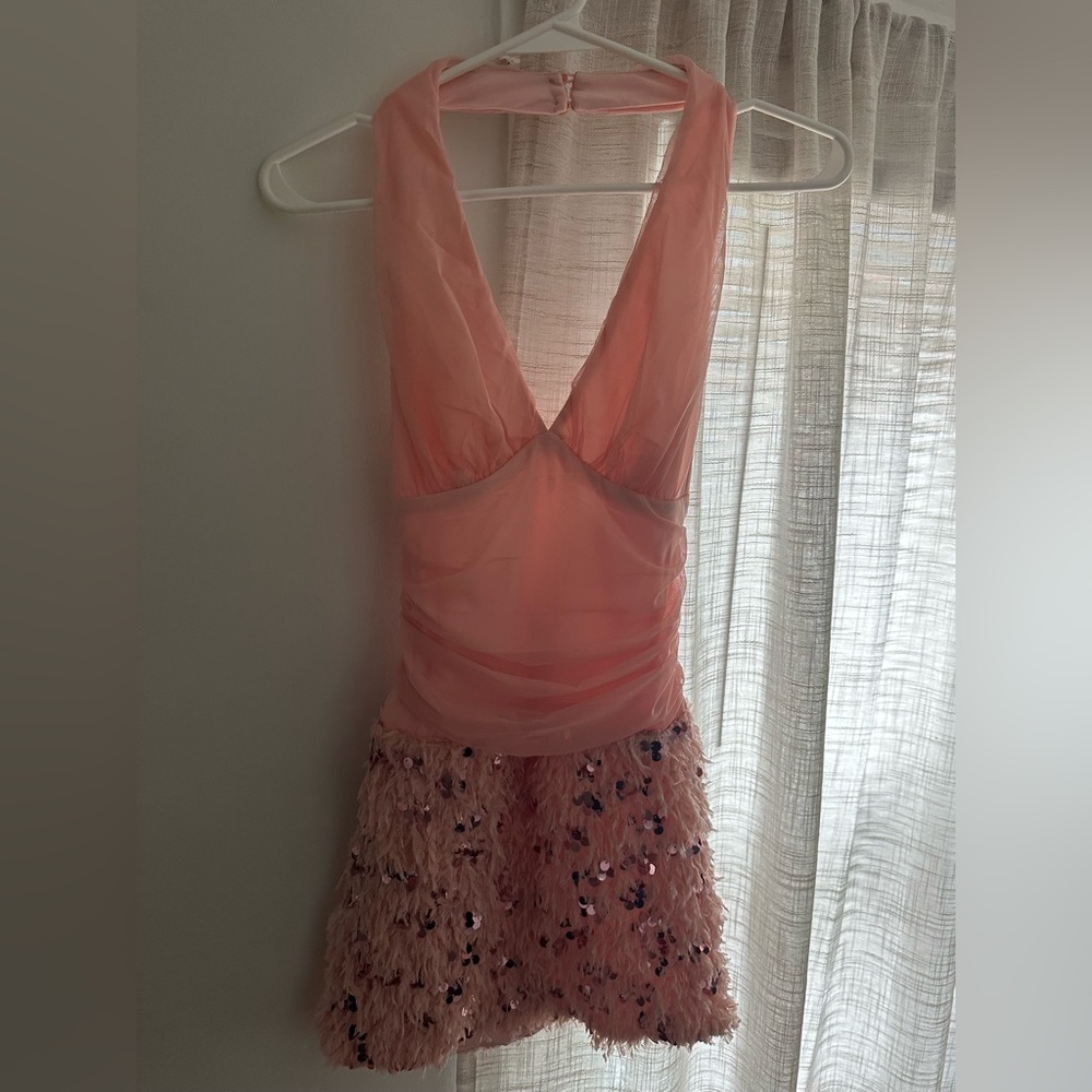 Fashion Nova Blush Pink Sheer V-Neck Sequin Fringe Slip Dress